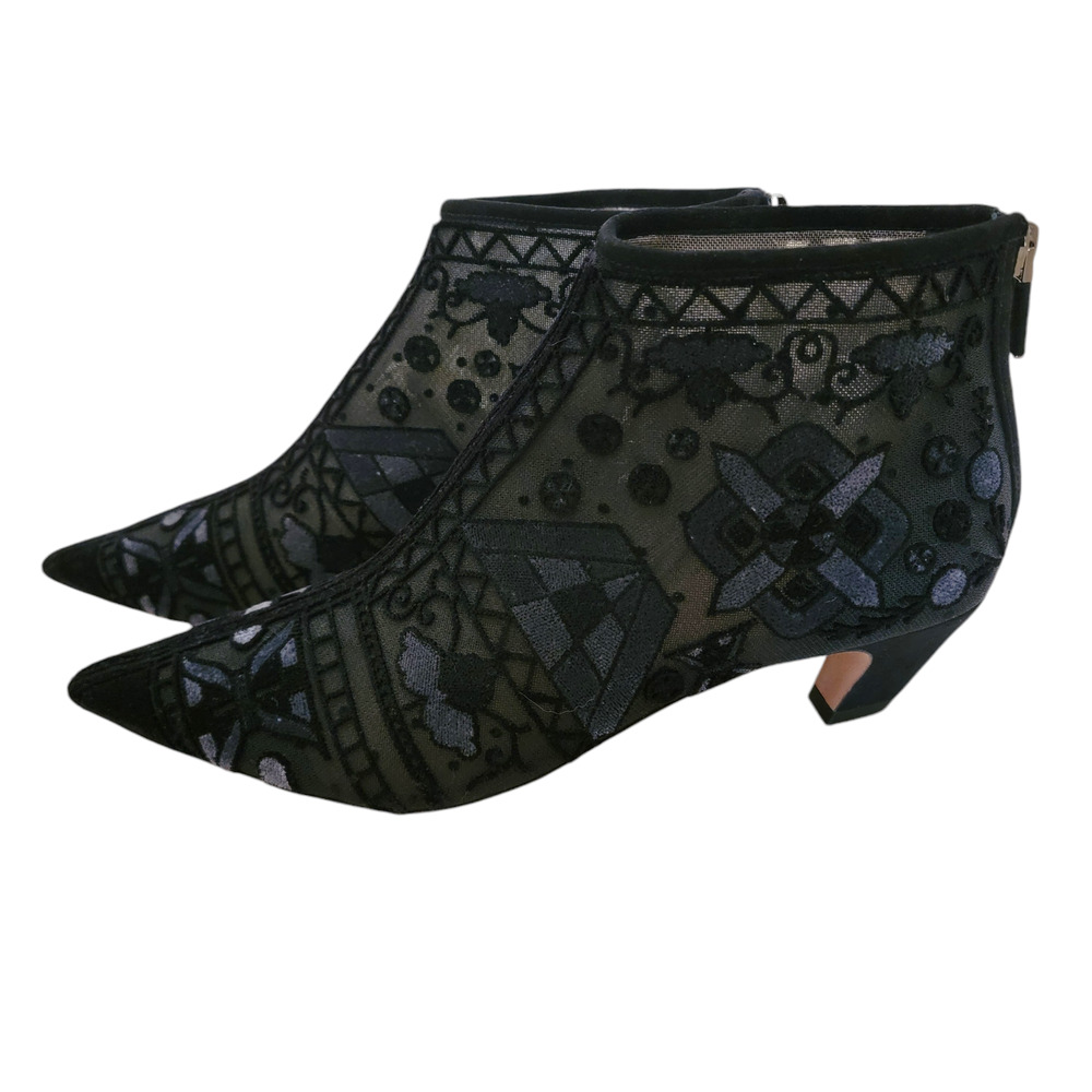 Christian Dior Dioreve Black Embroidered Mesh Velvet Pointed Toe Boots 38 / 8